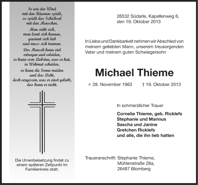  Traueranzeige für Michael Thieme vom 23.10.2013 aus Ostfriesischer Kurier
