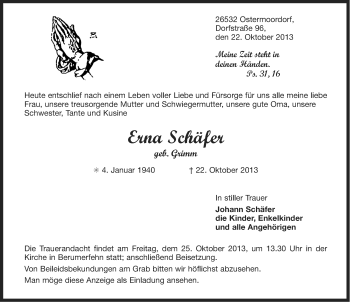 Traueranzeige von Erna Schäfer von Ostfriesischer Kurier