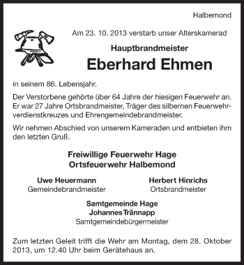 Traueranzeige von Eberhard Ehmen von Ostfriesischer Kurier