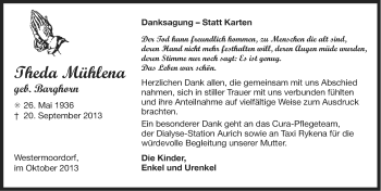 Traueranzeige von Theda Mühlena von Ostfriesischer Kurier