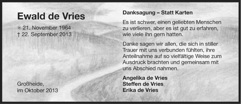 Traueranzeige für Ewald de Vries vom 26.10.2013 aus Ostfriesischer Kurier