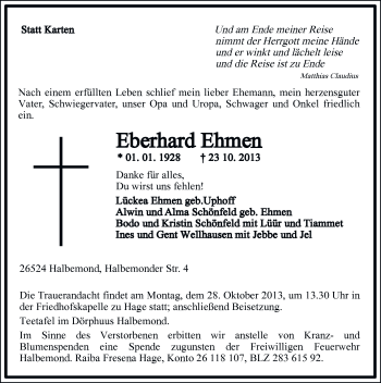 Traueranzeige von Eberhard Ehmen von Ostfriesischer Kurier