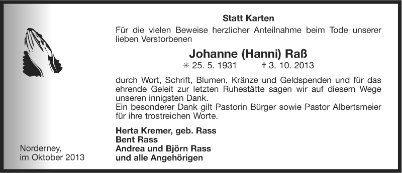  Traueranzeige für Johanne Raß vom 26.10.2013 aus Ostfriesischer Kurier