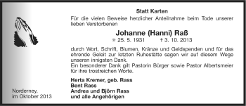 Traueranzeige von Johanne Raß von Ostfriesischer Kurier