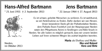 Traueranzeige von Hans-Alfred und Jens Bartmann von Ostfriesischer Kurier