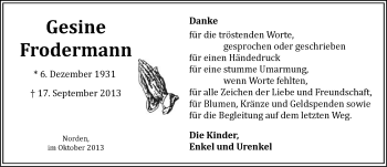 Traueranzeige von Gesine Frodermann von Ostfriesischer Kurier