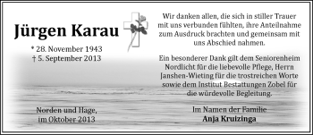 Traueranzeige von Jürgen Karau von Ostfriesischer Kurier
