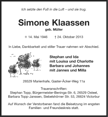 Traueranzeige von Simone Klaassen von Ostfriesischer Kurier