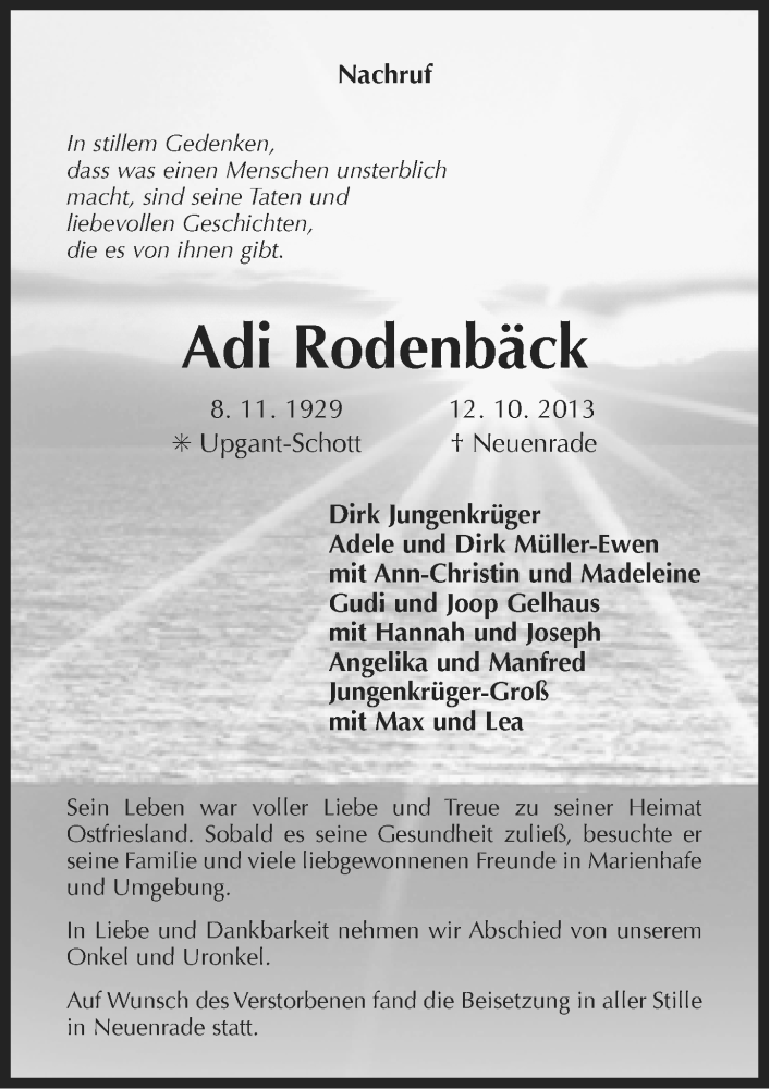  Traueranzeige für Adi Rodenbäck vom 26.10.2013 aus Ostfriesischer Kurier