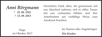 Traueranzeige von Anni Börgmann von Ostfriesischer Kurier
