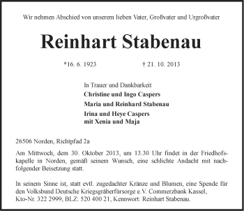 Traueranzeige von Reinhart Stabenau von Ostfriesischer Kurier