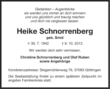 Traueranzeige von Heike Schnorrenberg von Ostfriesischer Kurier