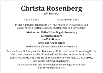 Traueranzeige von Christa Rosenberg von Ostfriesischer Kurier