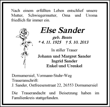 Traueranzeige von Else Sander von Ostfriesischer Kurier