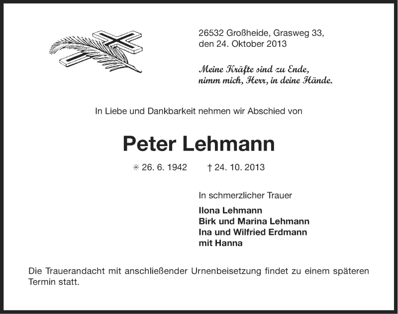  Traueranzeige für Peter Lehmann vom 29.10.2013 aus Ostfriesischer Kurier
