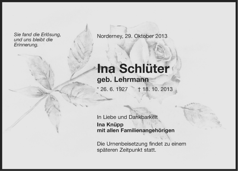  Traueranzeige für Ina Schlüter vom 29.10.2013 aus Ostfriesischer Kurier