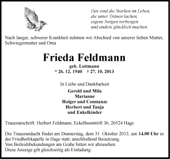Traueranzeige von Frieda Feldmann von Ostfriesischer Kurier