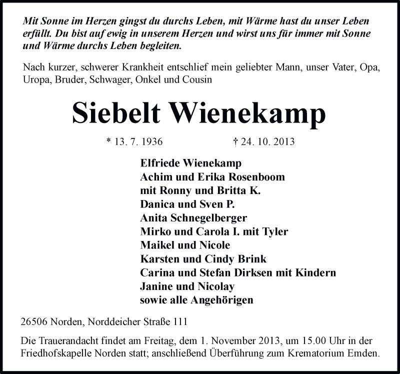  Traueranzeige für Siebelt Wienekamp vom 29.10.2013 aus Ostfriesischer Kurier