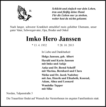 Traueranzeige von Imko Hero Janssen von Ostfriesischer Kurier