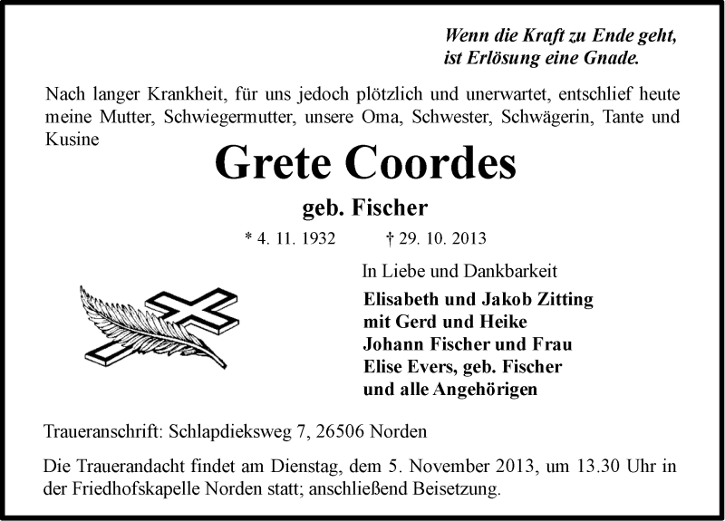 Traueranzeigen von Grete Coordes | OK-Trauer.de