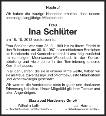 Traueranzeige von Ina Schlüter von Ostfriesischer Kurier
