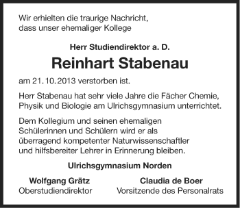 Traueranzeige von Reinhart Stabenau von Ostfriesischer Kurier