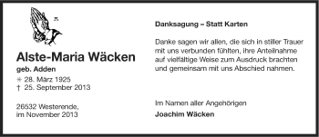 Traueranzeige von Alste-Maria Wäcken von Ostfriesischer Kurier