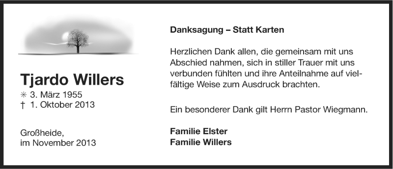  Traueranzeige für Tjardo Willers vom 02.11.2013 aus Ostfriesischer Kurier