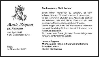 Traueranzeige von Marie Bogena von Ostfriesischer Kurier