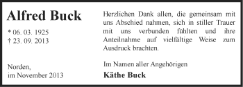 Traueranzeige von Alfred Buck von Ostfriesischer Kurier