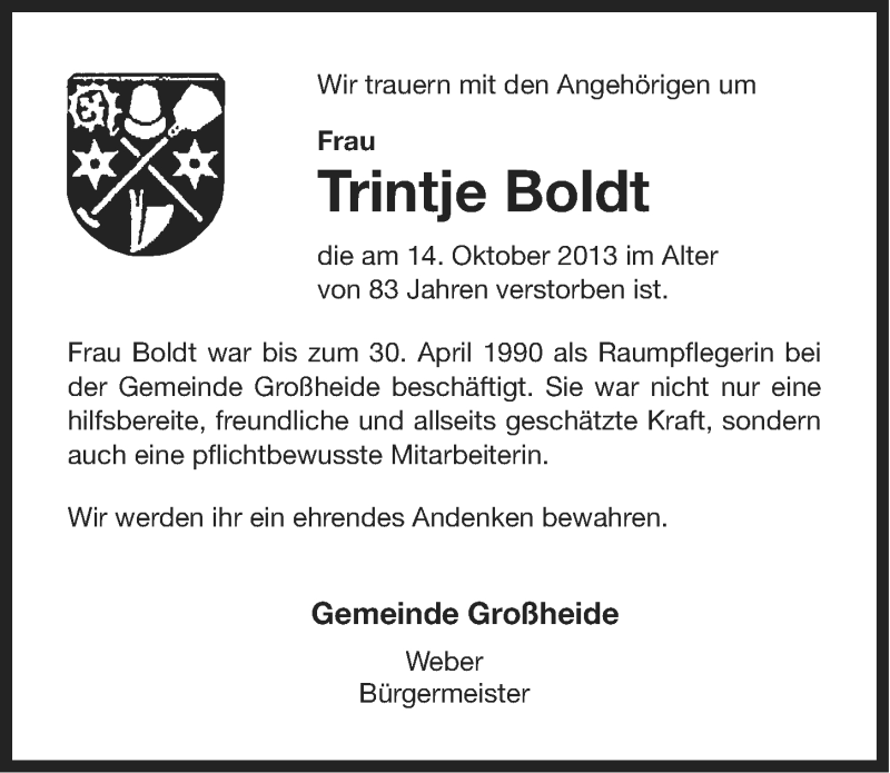  Traueranzeige für Trintje Boldt vom 01.11.2013 aus Ostfriesischer Kurier
