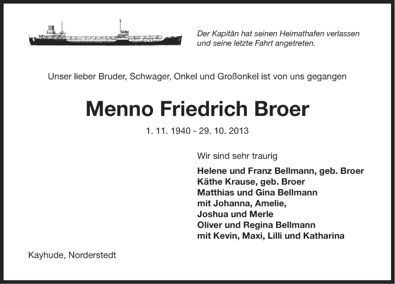  Traueranzeige für Menno Friedrich Broer vom 01.11.2013 aus Ostfriesischer Kurier