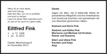 Traueranzeige von Eiltfred Fink von Ostfriesischer Kurier