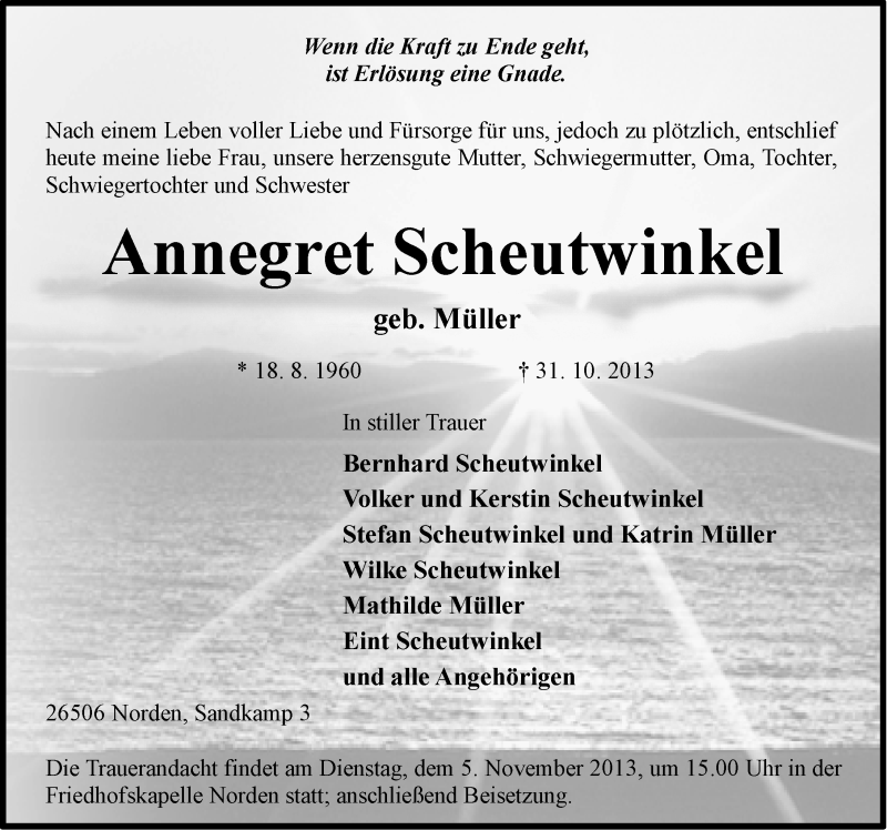  Traueranzeige für Annegret Scheutwinkel vom 01.11.2013 aus Ostfriesischer Kurier