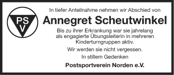 Traueranzeige von Annegret Scheutwinkel von Ostfriesischer Kurier