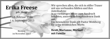 Traueranzeige von Erika Freese von Ostfriesischer Kurier