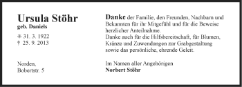 Traueranzeige von Ursula Stöhr von Ostfriesischer Kurier