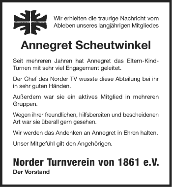 Traueranzeige von Annegret Scheutwinkel von Ostfriesischer Kurier