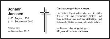 Traueranzeige von Johann Janssen von Ostfriesischer Kurier