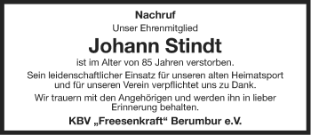 Traueranzeige von Johann Stindt von Ostfriesischer Kurier