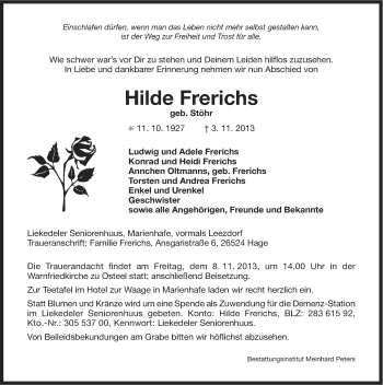 Traueranzeige von Hilde Frerichs von Ostfriesischer Kurier