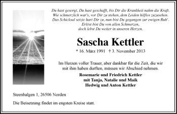 Traueranzeige von Sascha Kettler von Ostfriesischer Kurier