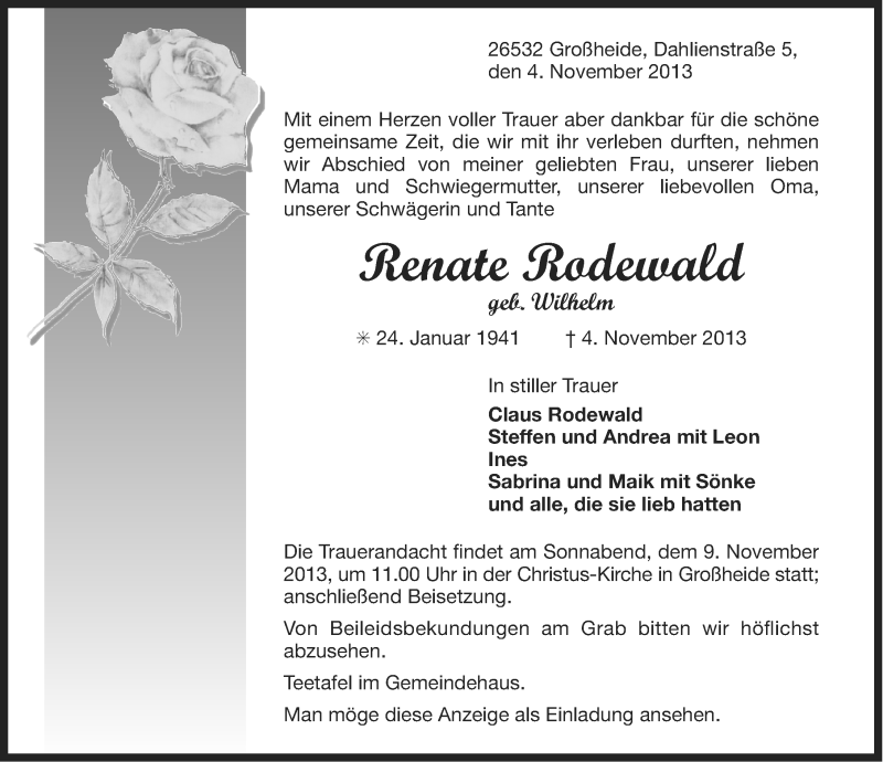  Traueranzeige für Renate Rodewald vom 06.11.2013 aus Ostfriesischer Kurier