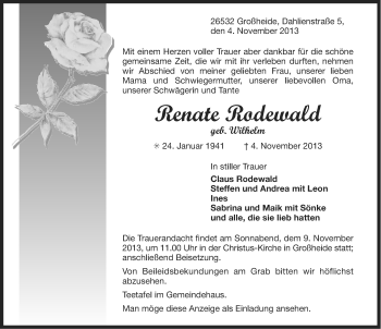 Traueranzeige von Renate Rodewald von Ostfriesischer Kurier