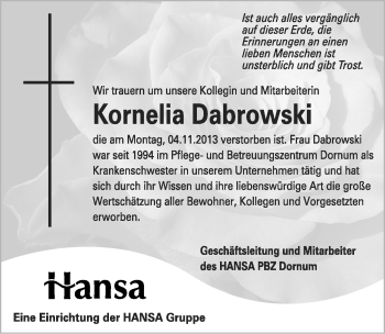 Traueranzeige von Kornelia Dabrowski von Ostfriesischer Kurier