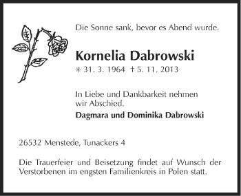 Traueranzeige von Kornelia Dabrowski von Ostfriesischer Kurier