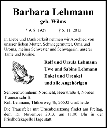 Traueranzeige von Barbara Lehmann von Ostfriesischer Kurier