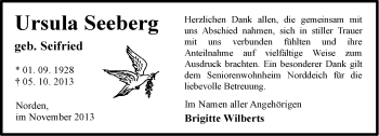Traueranzeige von Ursula Seeberg von Ostfriesischer Kurier