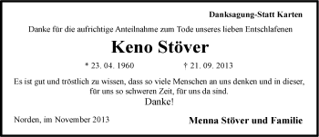 Traueranzeige von Keno Stöver von Ostfriesischer Kurier