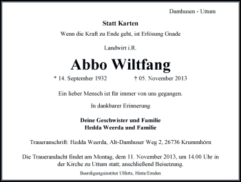 Traueranzeige von Abbo Wiltfang von Ostfriesischer Kurier